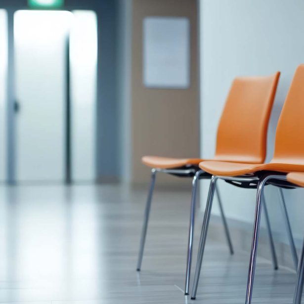 A row of empty chairs stands in an office waiting area. The chairs are a bright orange color and have sleek, modern lines with silver metal legs. The room has a bright, neutral color palette with a light wood floor. A plant can be seen in the background, adding a touch of nature to the space. The scene evokes a sense of calm and order. This image would work well for concepts related to business, healthcare, waiting, or interior design. The image also has copy space. Credit: Vecteezy